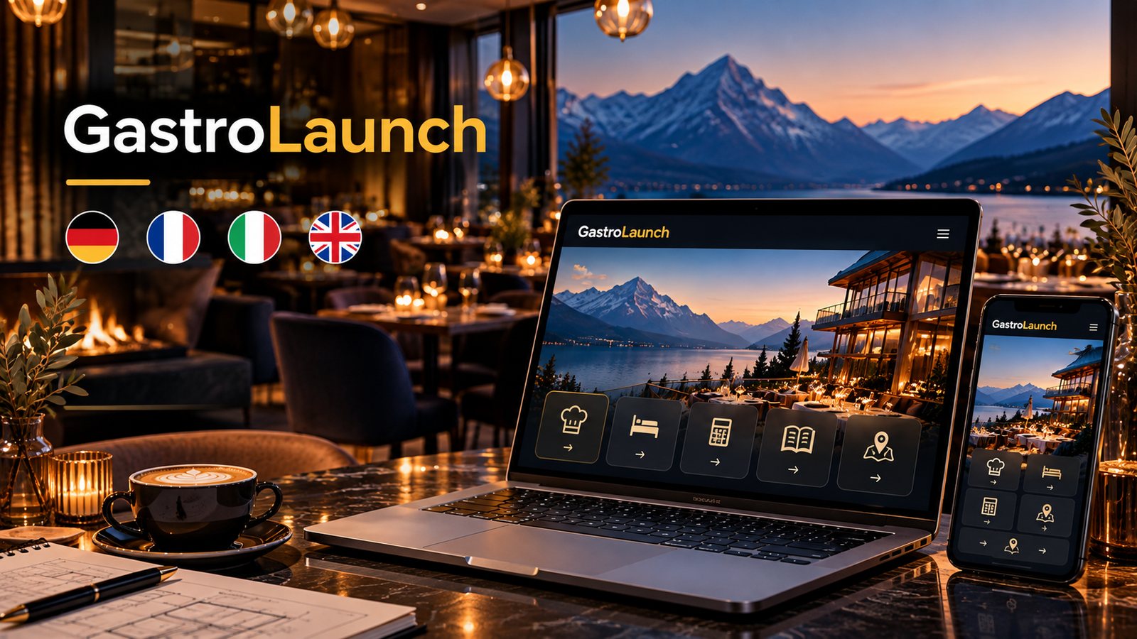 GastroLaunch neu in vier Sprachen: die Plattform auf Laptop und Smartphone.