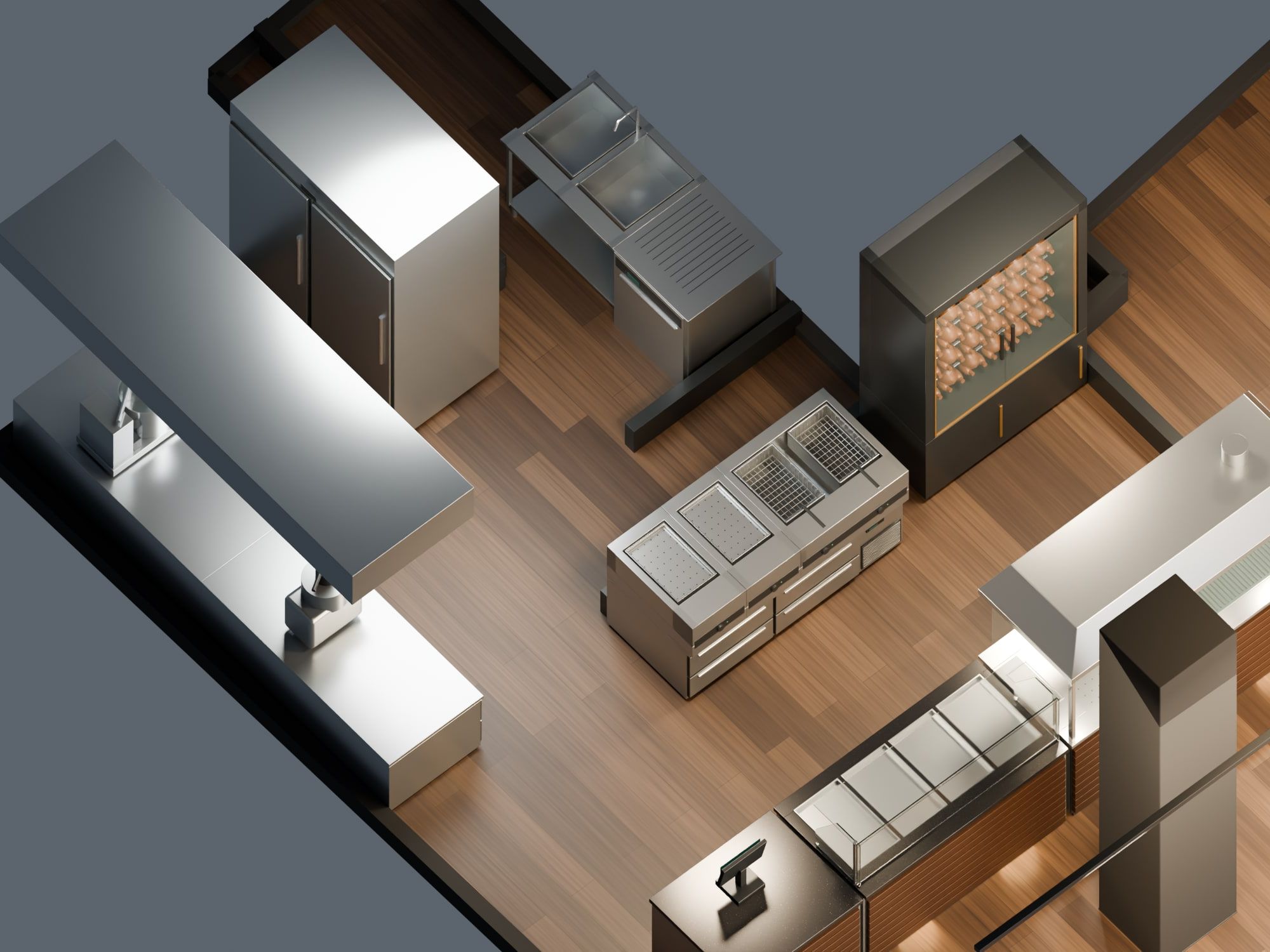 Küche, Blick von der Kundenseite, 3D-Modell — Visualisierung