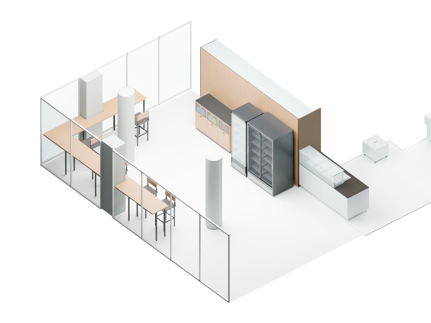 Gästebereich im 3D-Modell: Stehtische am Fenster, Getränkekühler, Trennstation — Visualisierung