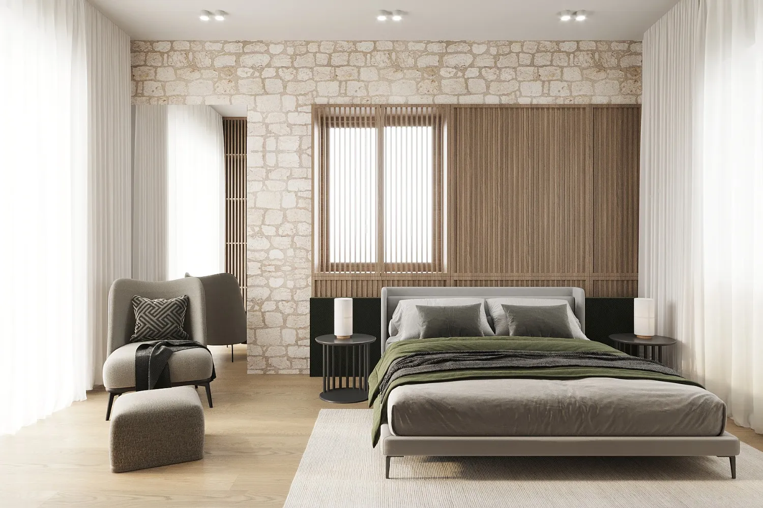 Schlafzimmer, Naturstein und Holzlamellen — Visualisierung