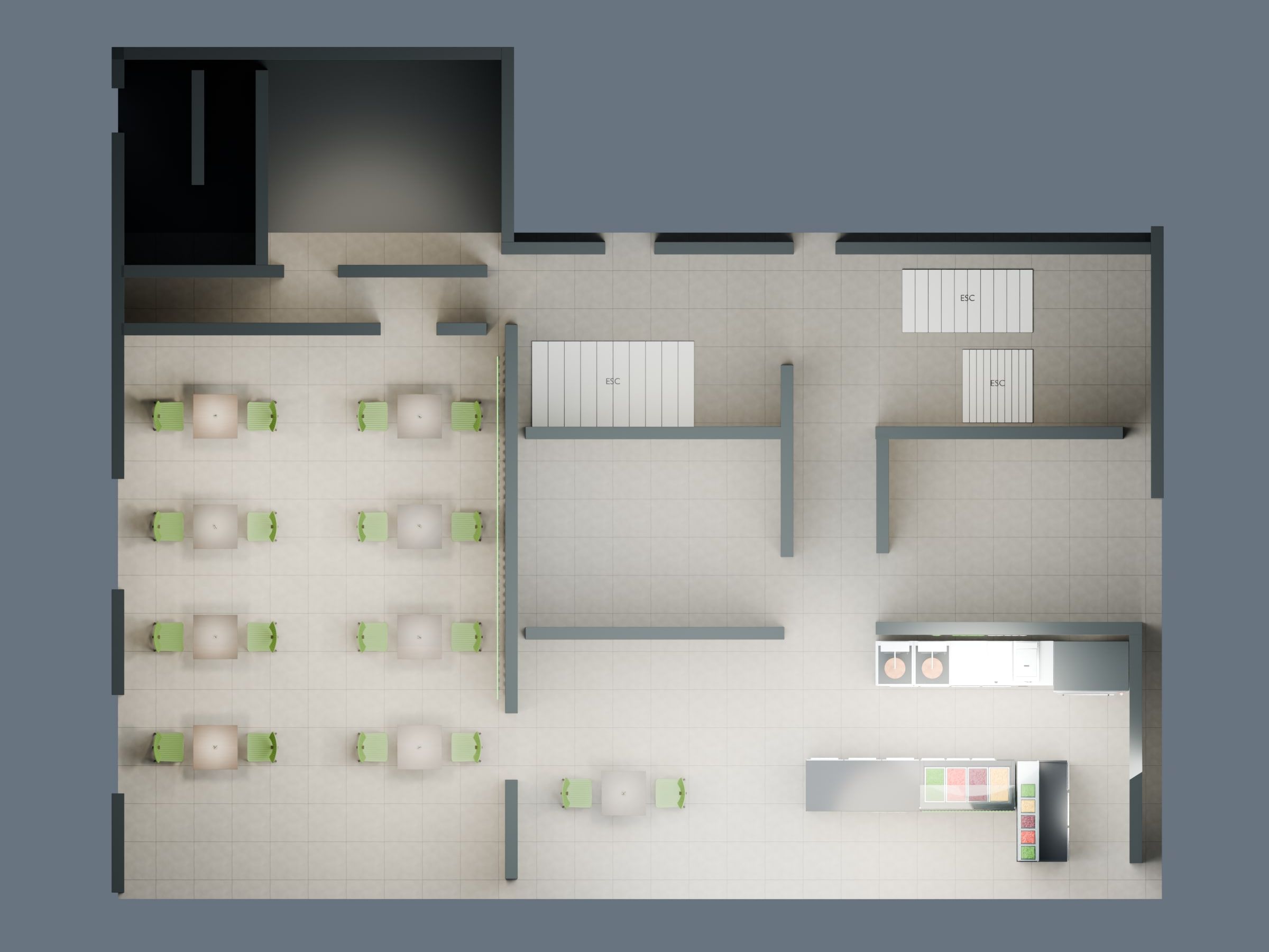 3D-Modell von oben: Gastraum, Lager und Küche — Visualisierung