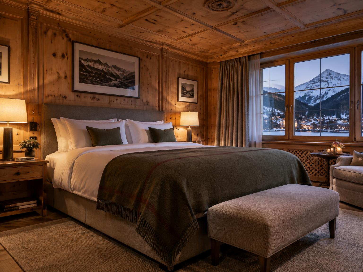Visualisierung: alpines Schlafzimmer im Engadin mit Arvenholz, Lodendecke und Blick auf verschneite Berge
