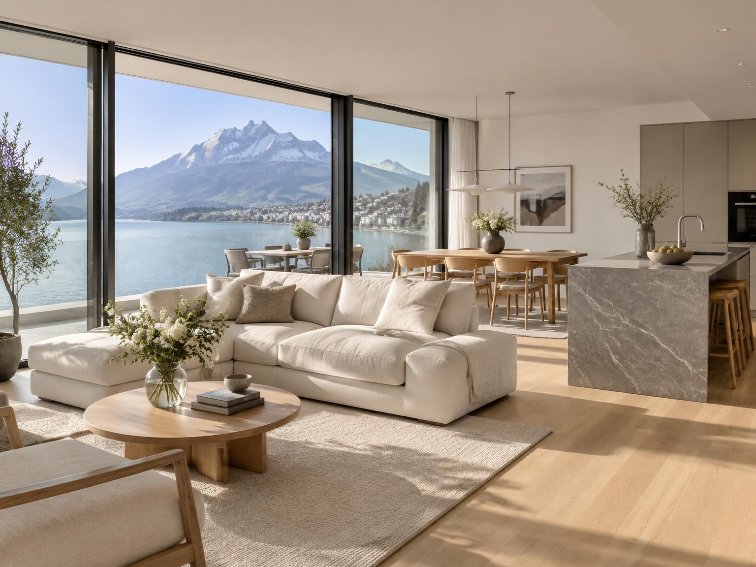 Visualisierung: moderne Ferienwohnung am Vierwaldstättersee mit Leinensofa, Eichenboden, Steininsel und Blick auf den Pilatus