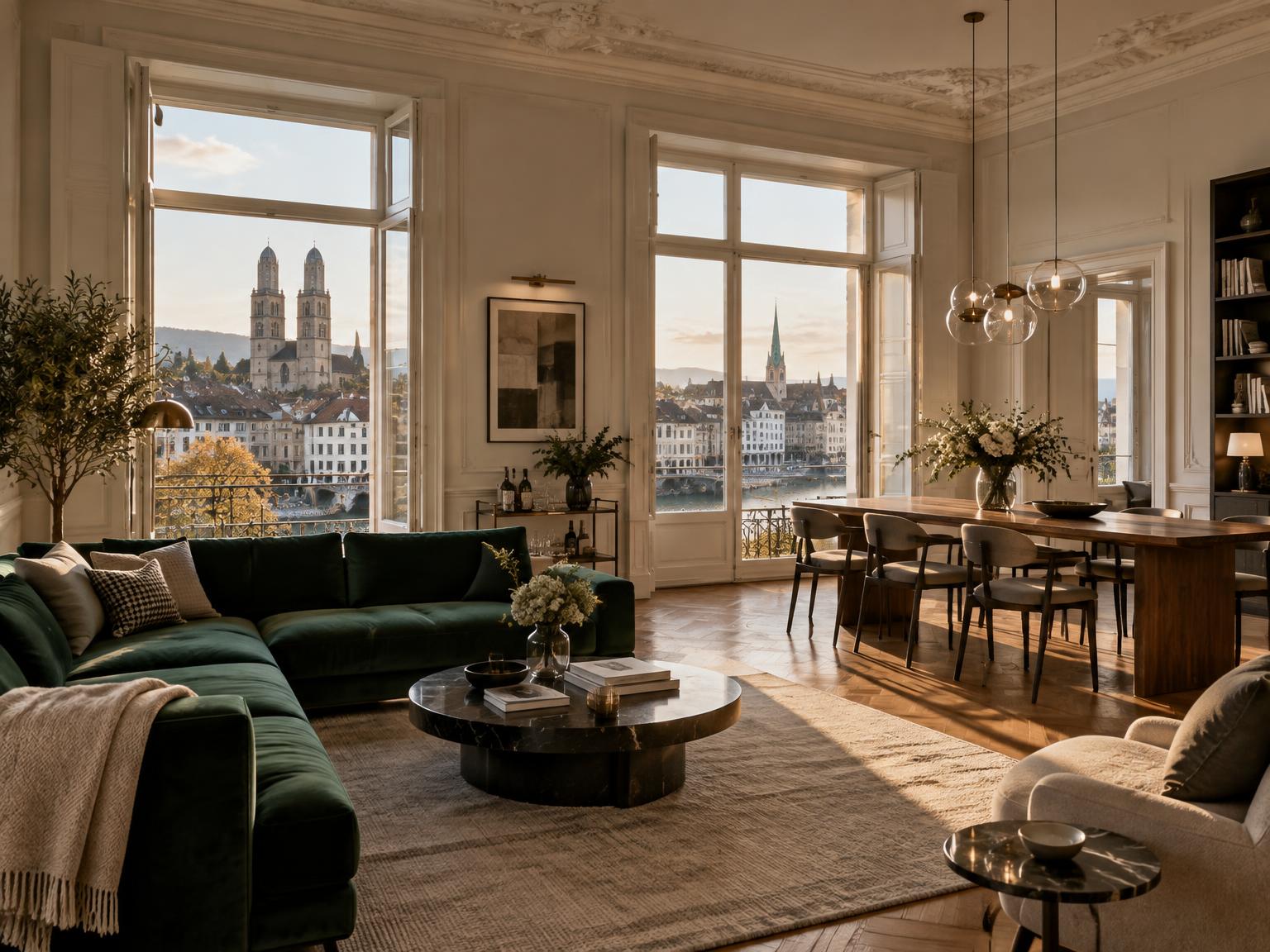 Visualisierung: Altbauwohnung in Zürich mit Fischgratparkett, grünem Samtsofa und Blick auf das Grossmünster