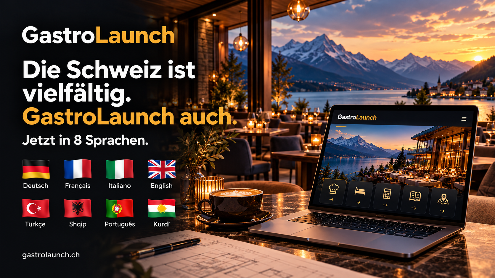 GastroLaunch in acht Sprachen: Deutsch, Französisch, Italienisch, Englisch, Türkisch, Albanisch, Portugiesisch und Kurdisch. Beispielvisualisierung, kein realisiertes Kundenprojekt.