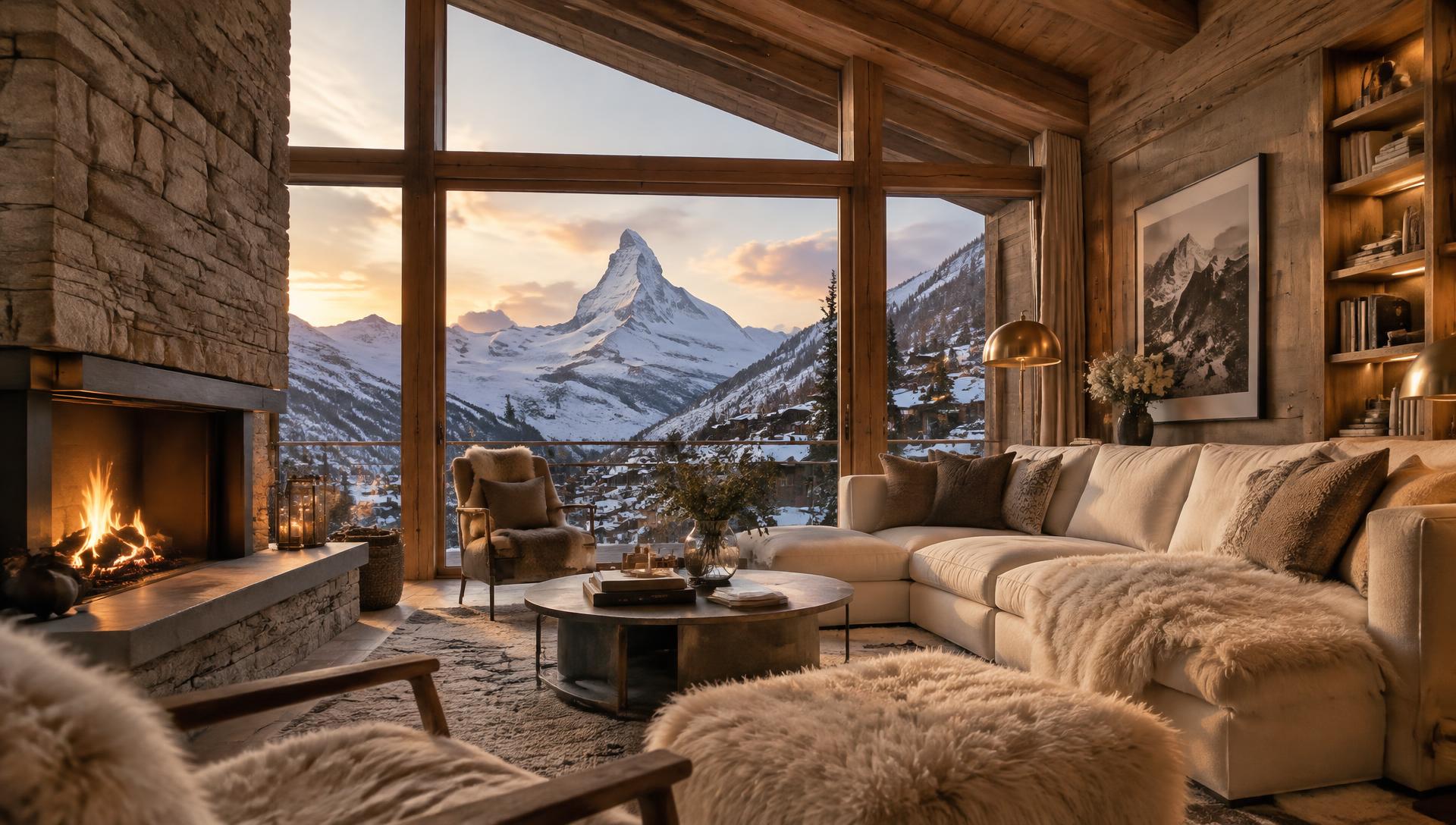 Visualisierung: Chalet-Wohnzimmer in Zermatt mit Kamin, Lammfell und Blick auf das Matterhorn