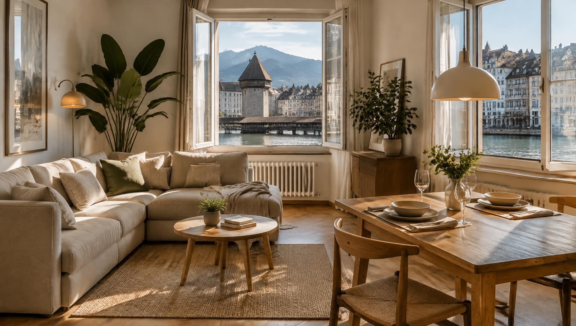 Visualisierung: helle Airbnb-Wohnung in Luzern mit Leinensofa, Esstisch und Blick auf die Kapellbrücke