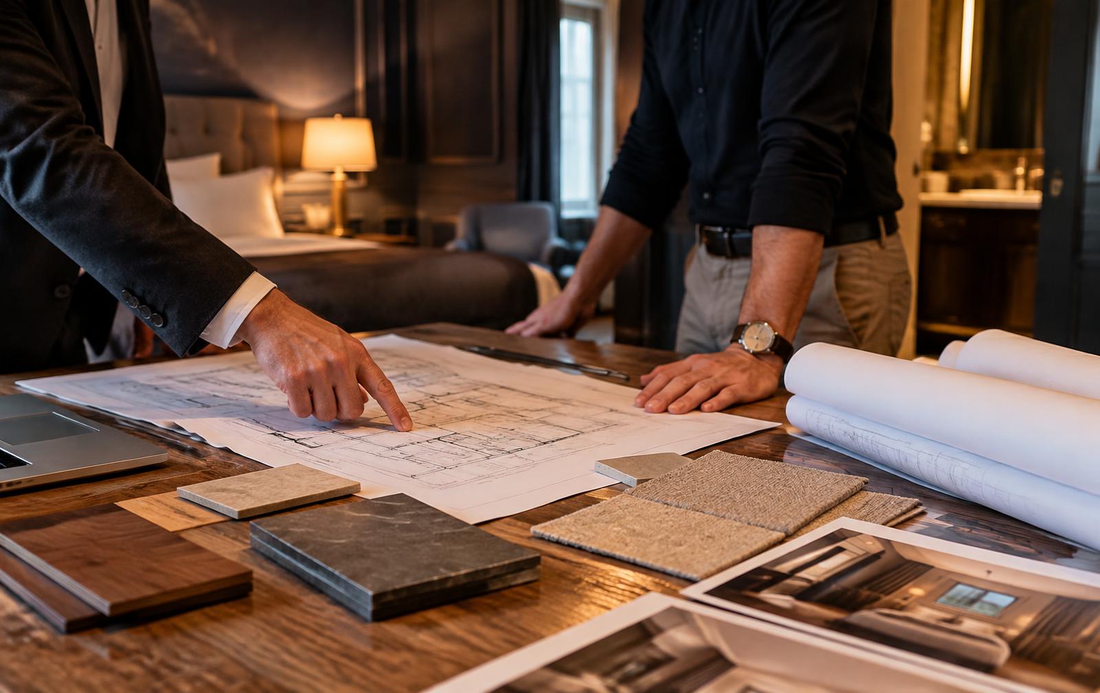 Architekten und Auftraggeber prüfen Pläne und Materialmuster im Hotelzimmer