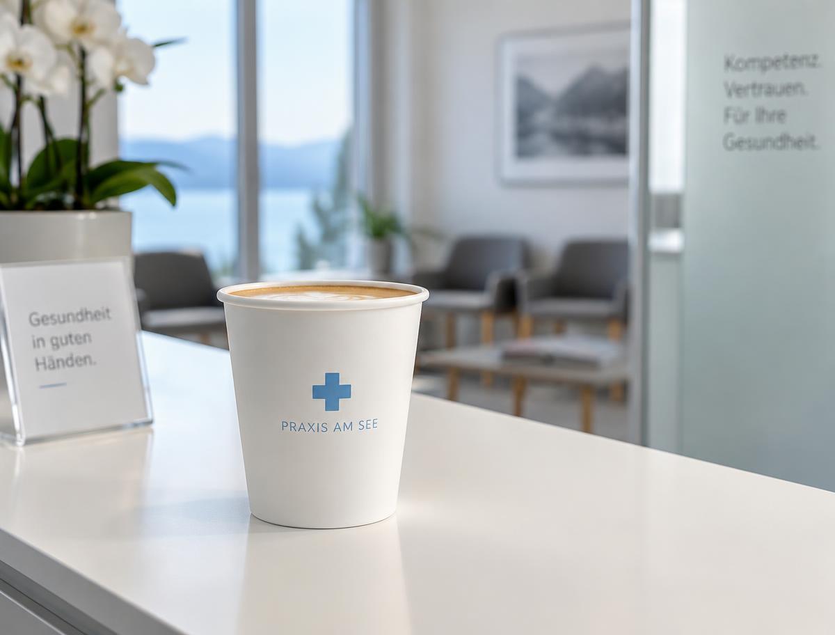 Offener weisser Coffee-to-go-Becher ohne Deckel mit Praxislogo in einer modernen Arztpraxis