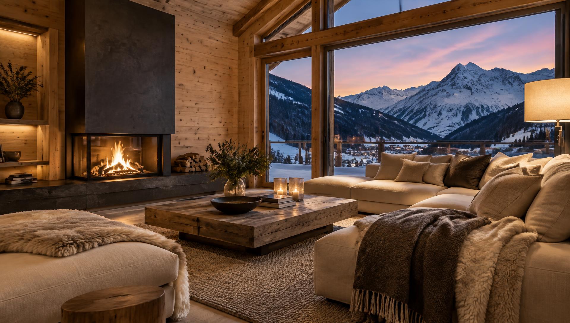 Visualisierung: Chalet-Wohnzimmer mit Holzwänden, Kamin und Blick auf verschneite Berge in Graubünden