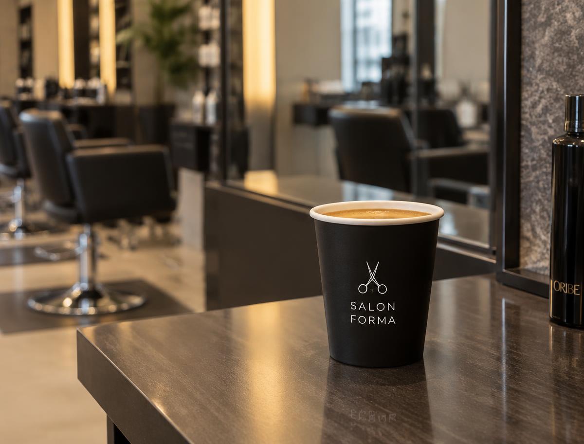 Offener weisser Coffee-to-go-Becher ohne Deckel mit Coiffeur-Logo in einem modernen Salon