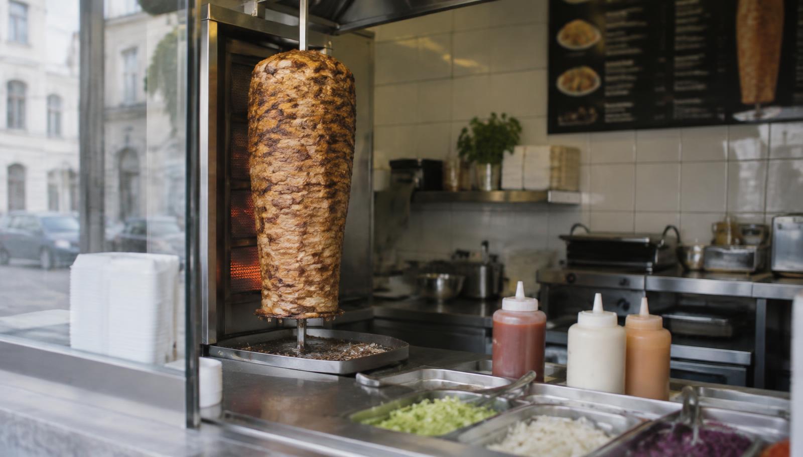 Moderner Döner-Take-away mit zwei Dönergrills, Chromstahl-Theke und Menütafeln