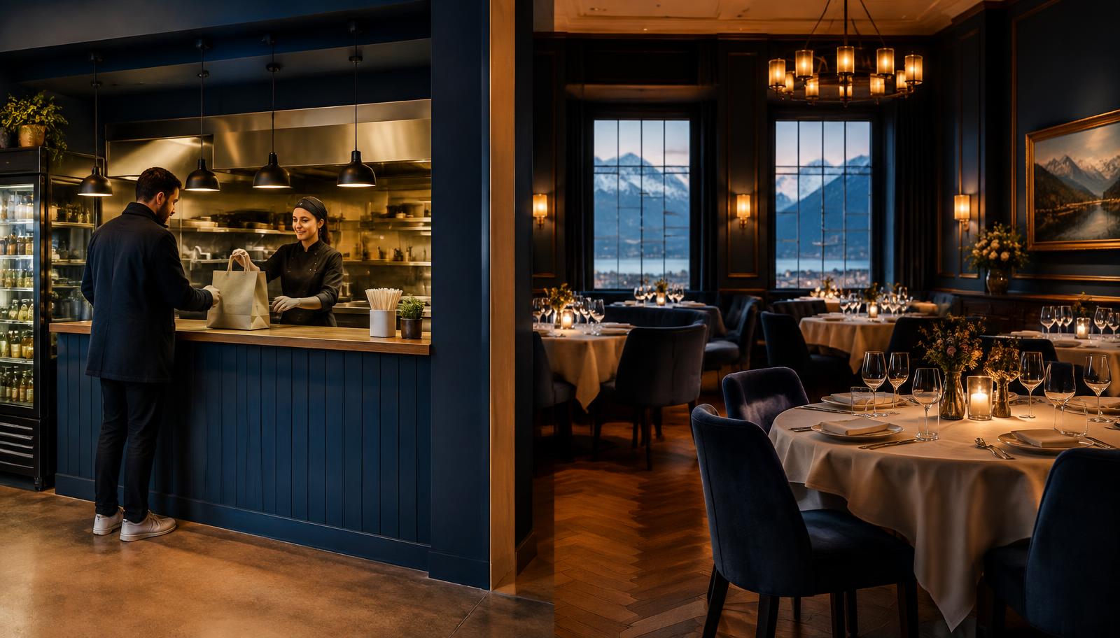 Links ein kleiner Take-away-Tresen, rechts ein elegantes Restaurant