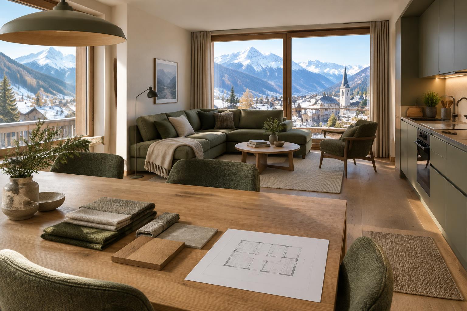 Wohnen, Stauraum und Küche zusammen planen. KI-generierte Apartment-Visualisierung, kein realisiertes Projekt.