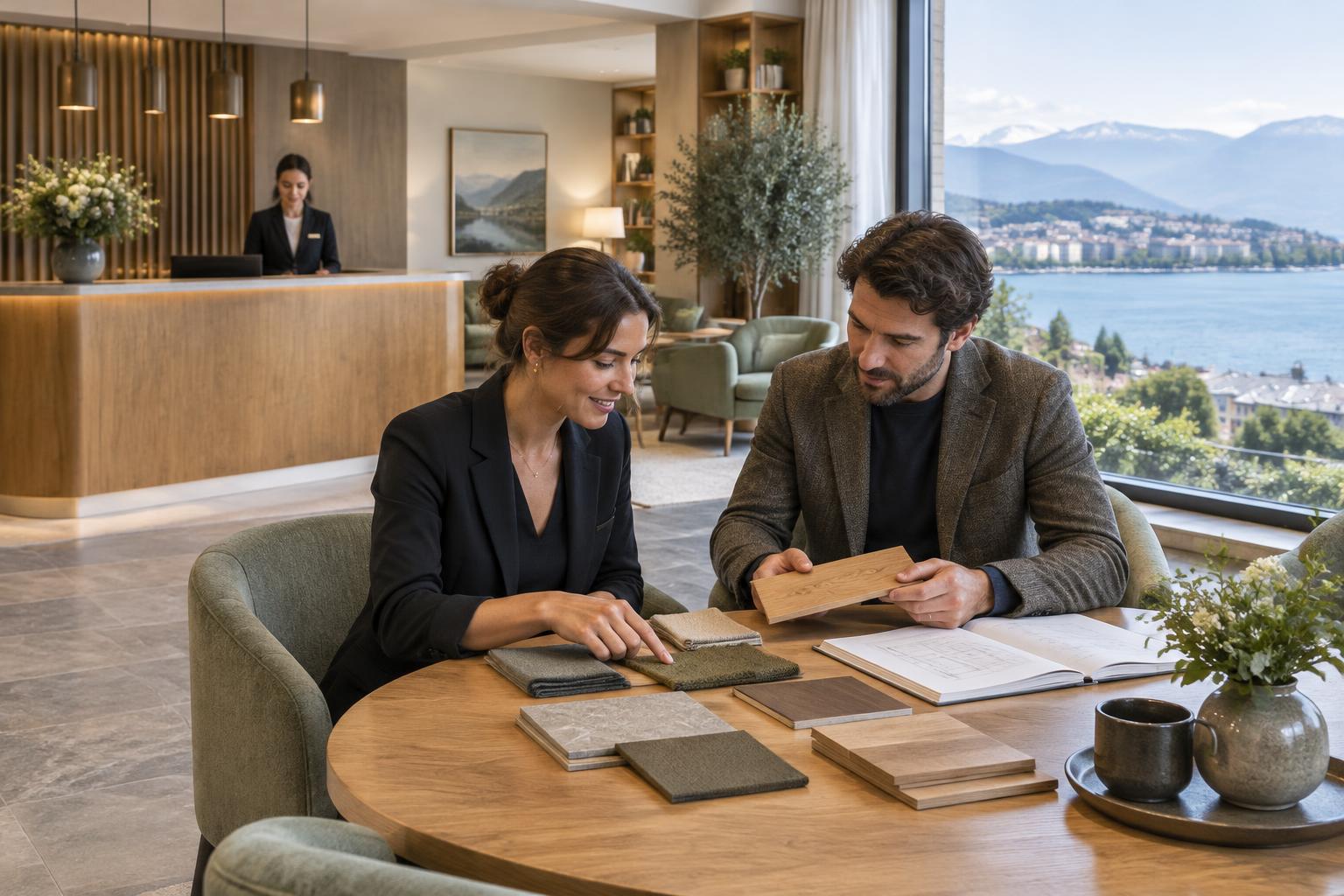 Materialien und Einrichtung für ein Hotel abstimmen. KI-generiertes Beispielbild, kein realisiertes Projekt.
