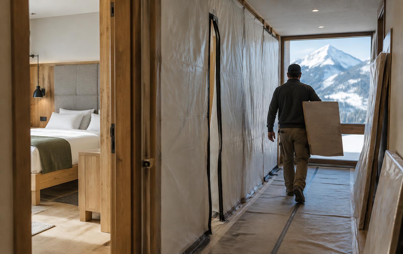 Visualisierung: Hotelkorridor in den Alpen während einer Etappenrenovation mit Staubschutzwand und frisch möbliertem Zimmer
