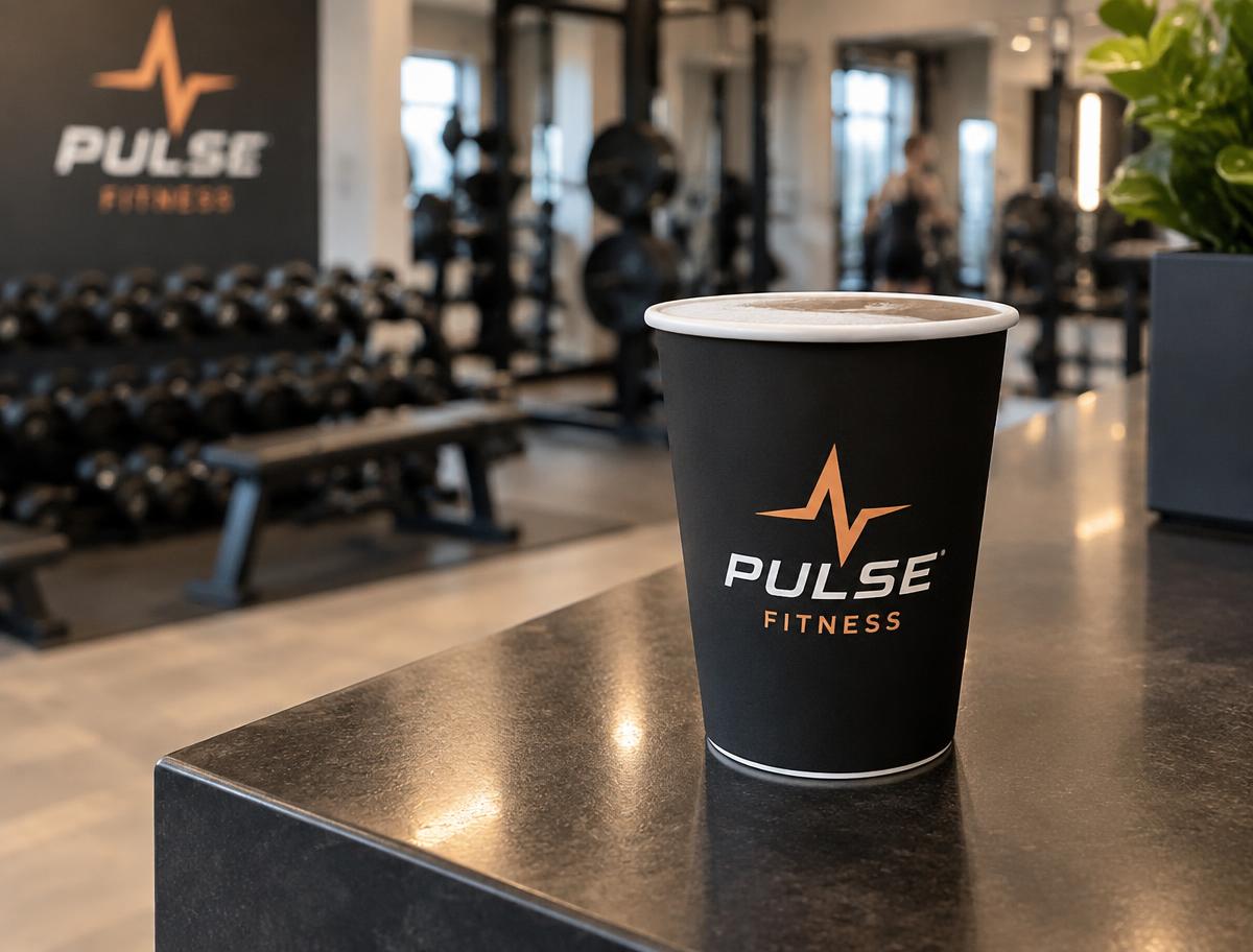 Offener schwarzer Coffee-to-go-Becher ohne Deckel mit Fitnesslogo an einem Studioempfang