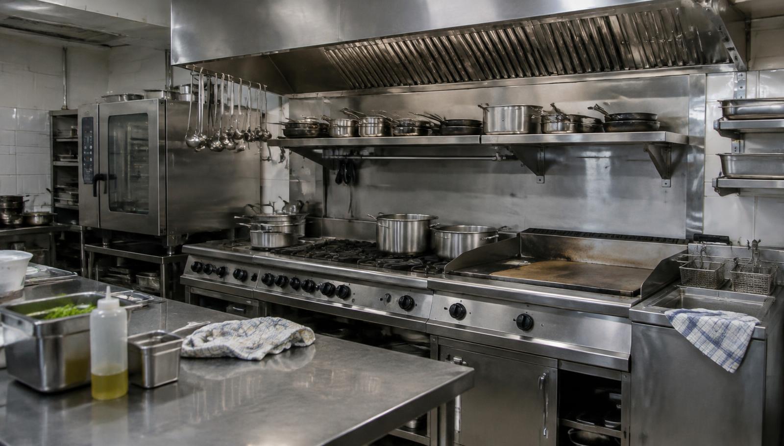 Professionelle Gastroküche mit grosser Chromstahl-Ablufthaube und Herdblock