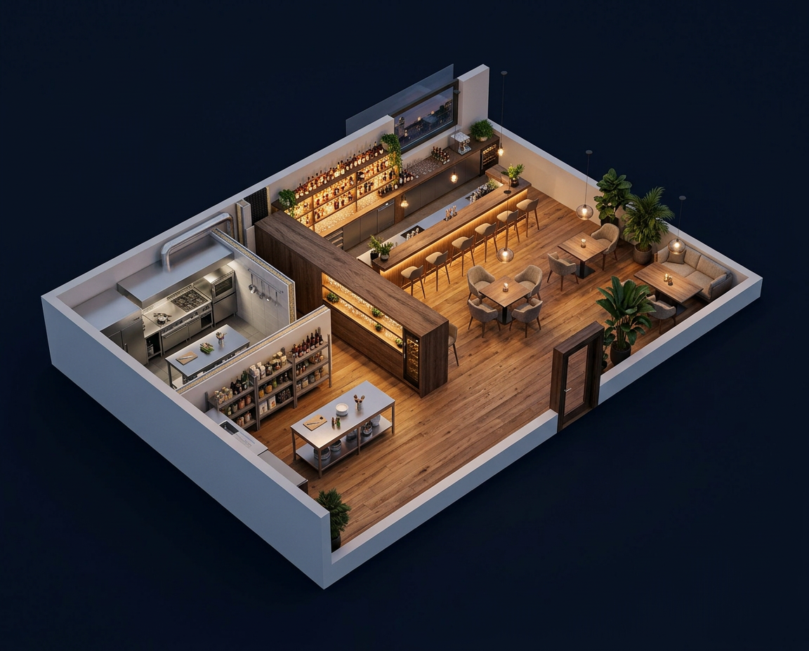 3D-Visualisierung desselben Grundrisses als fertige Bar & Lounge