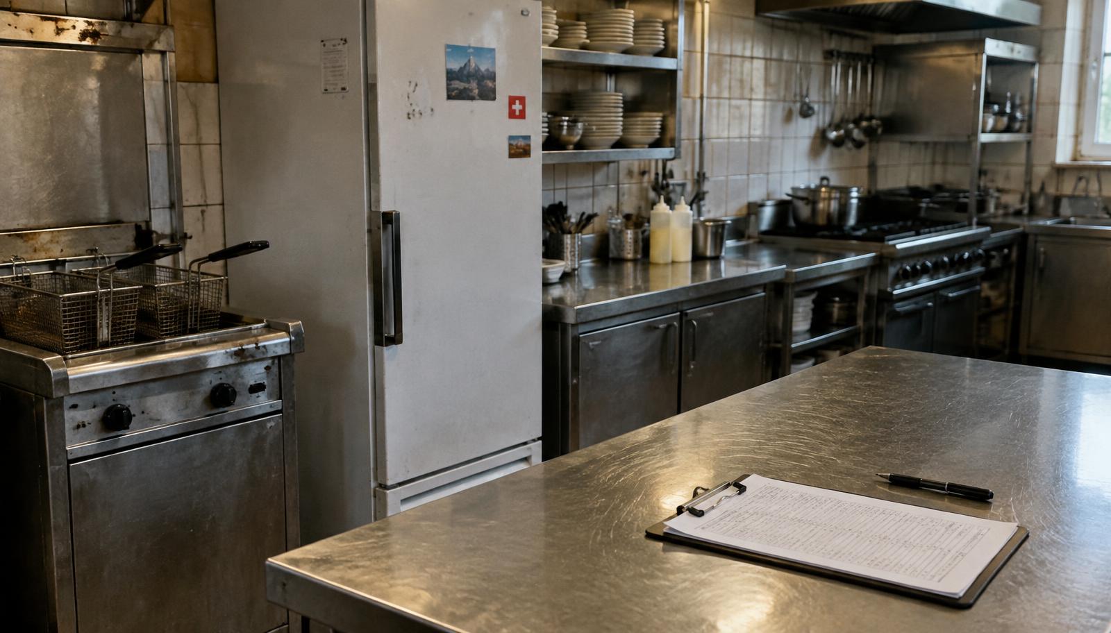 Gebrauchte Gastroküche mit Fritteusen und Kühlschränken, Prüfliste auf dem Tisch