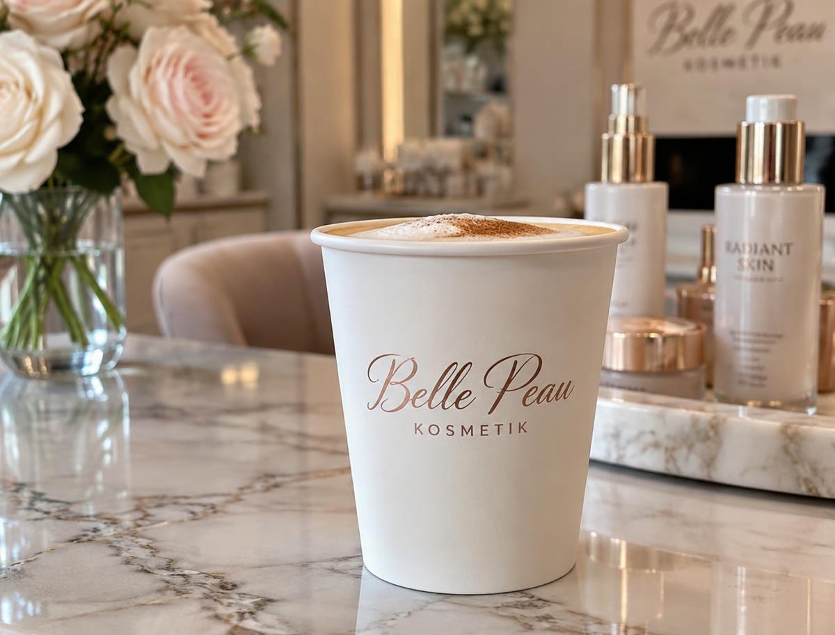 Offener weisser Coffee-to-go-Becher ohne Deckel mit Beauty-Logo in einem Kosmetikstudio