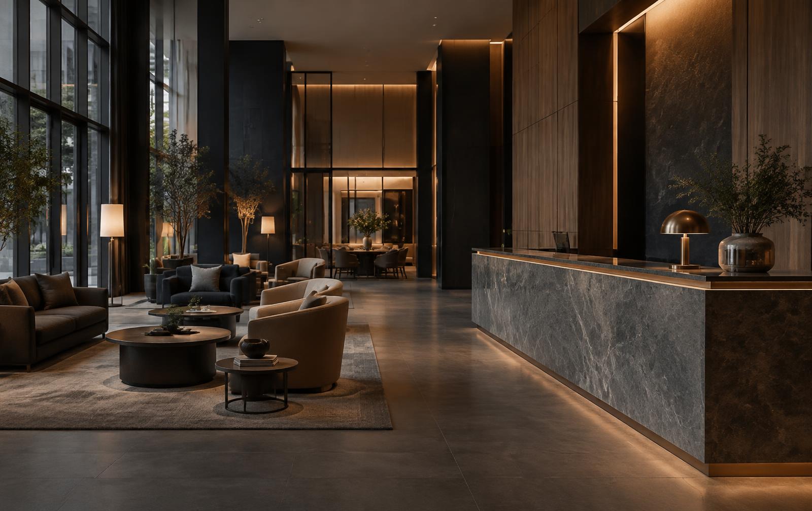 Hotellobby mit Empfangstresen aus Naturstein und Loungebereich