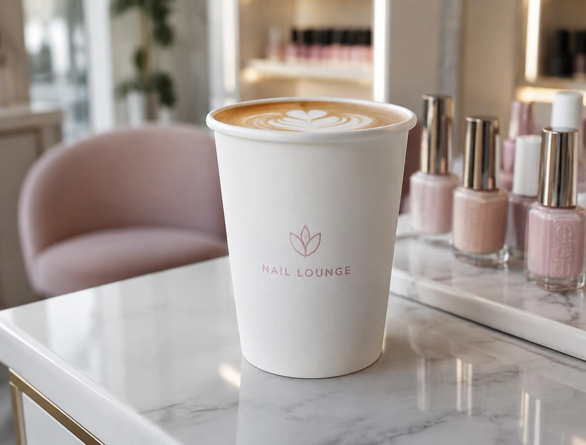 Offener schwarzer Coffee-to-go-Becher ohne Deckel mit Nagelstudio-Logo auf einem Manikürtisch