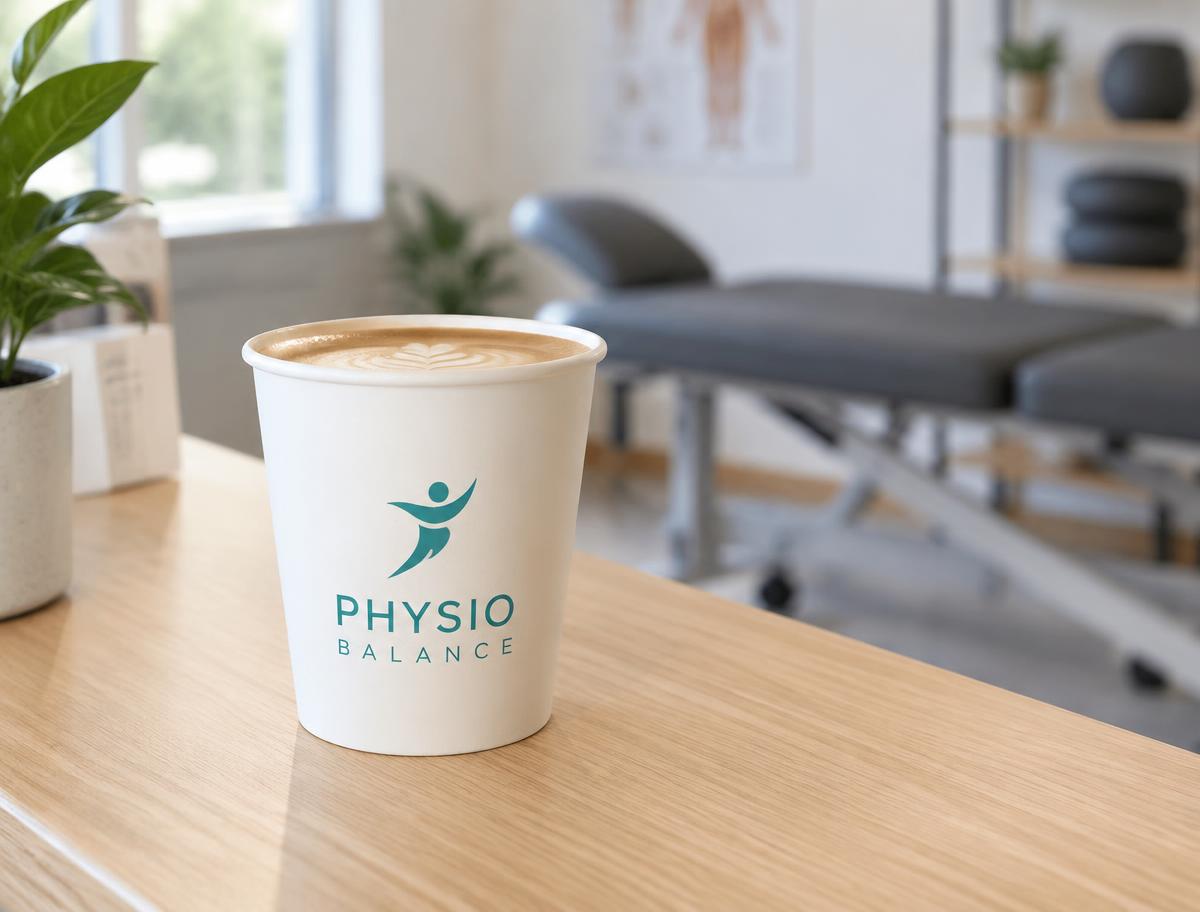 Offener weisser Coffee-to-go-Becher ohne Deckel mit Physiotherapie-Logo in einer Praxis