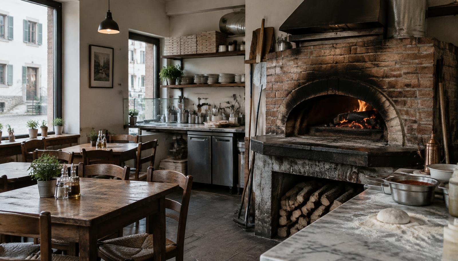 Moderne Pizzeria mit gemauertem Holzofen, Chromstahl-Theke und warmem Licht