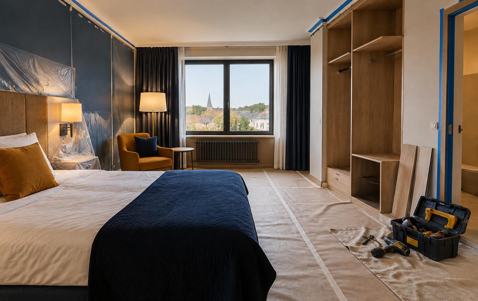 Hotelzimmer während der Renovation mit geschütztem Boden