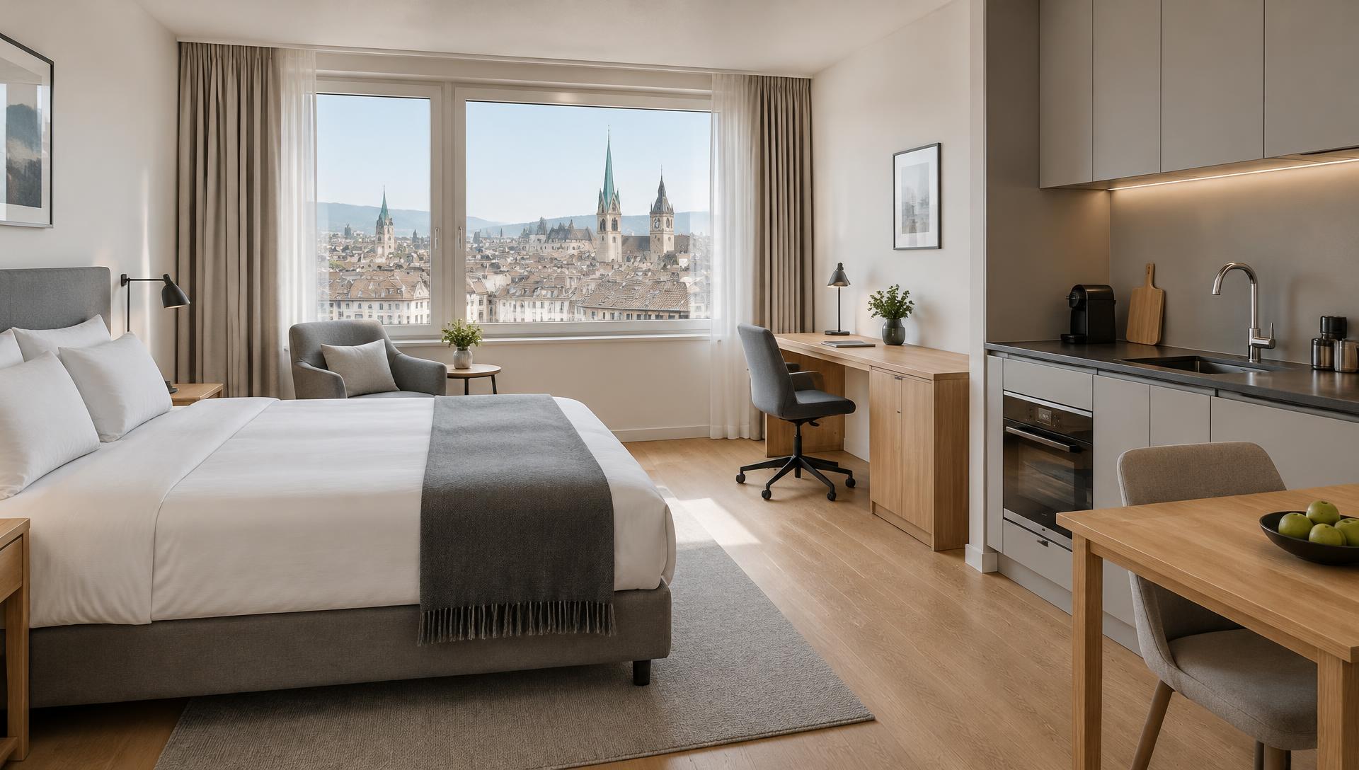 Visualisierung: Business Apartment in Zürich mit Bett, Arbeitsplatz, Kitchenette und Blick über die Altstadt