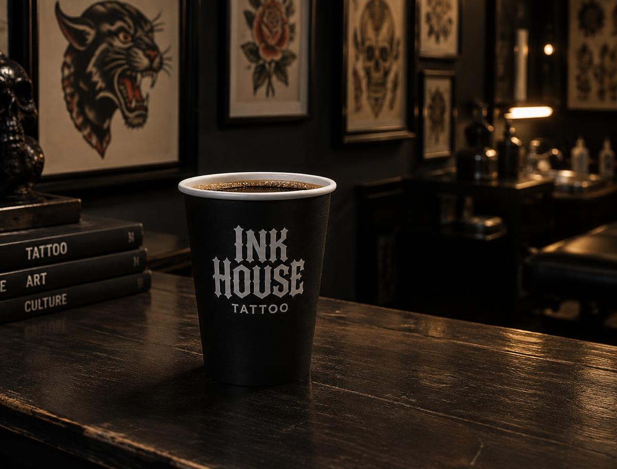 Offener schwarzer Coffee-to-go-Becher ohne Deckel mit Tattoo-Logo in einem Tattoo-Studio