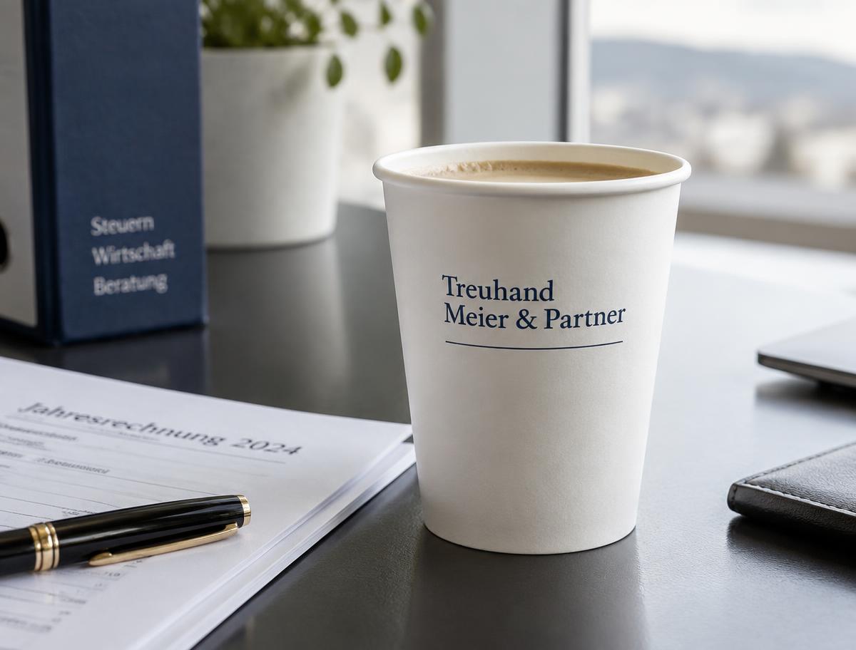 Offener weisser Coffee-to-go-Becher ohne Deckel mit Treuhandlogo in einem Schweizer Büro