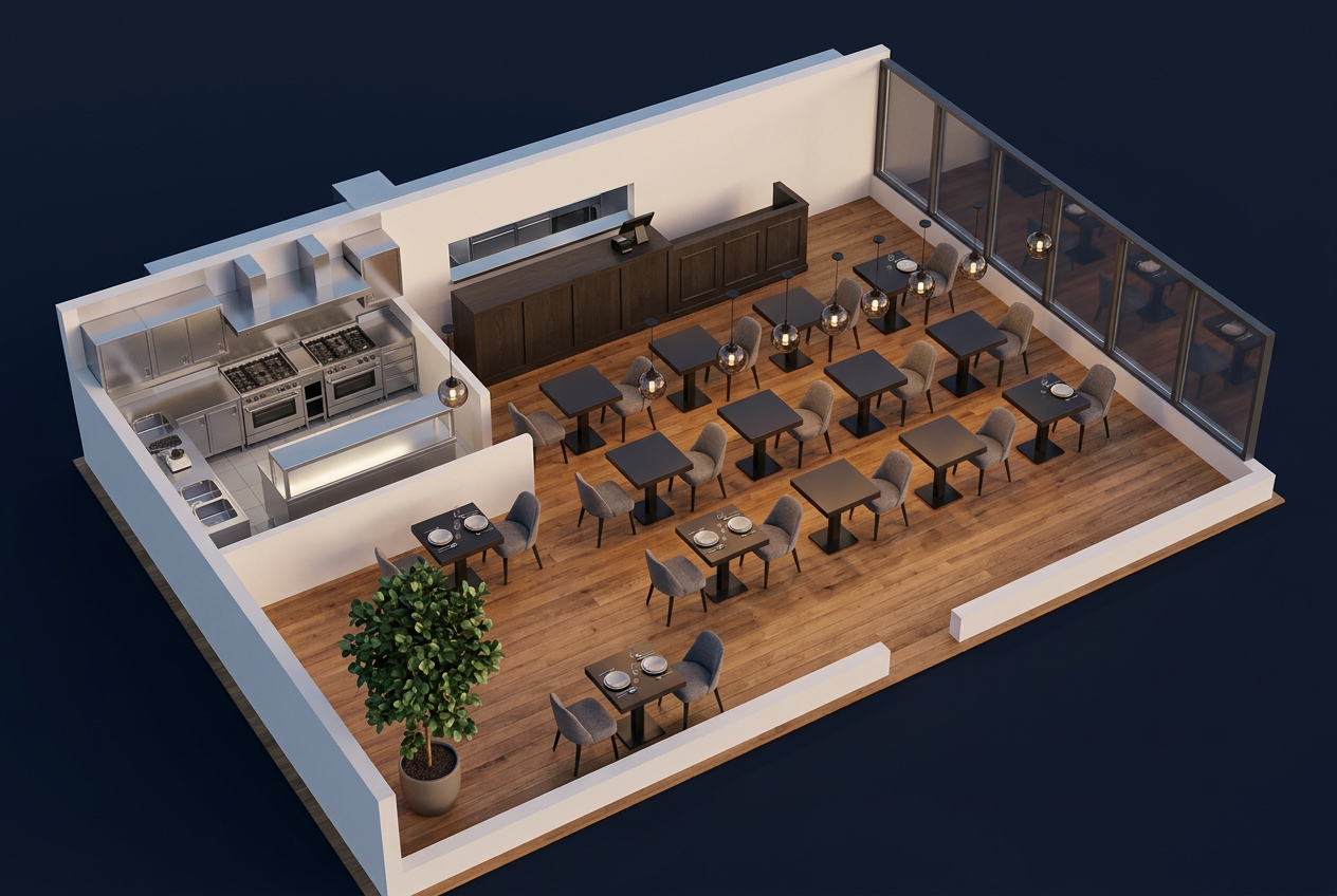 3D-Visualisierung: derselbe Grundriss als Restaurant