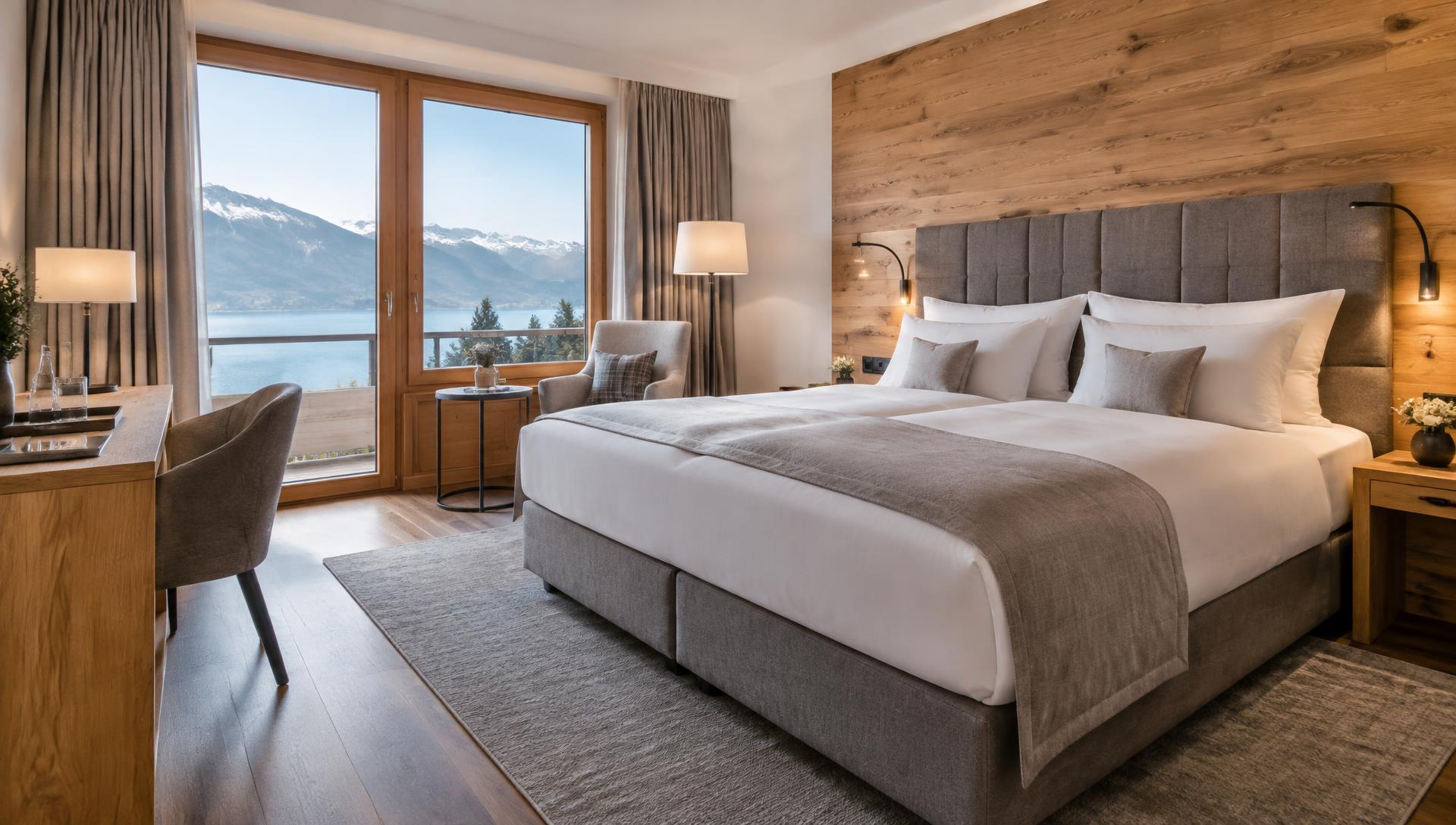 Visualisierung: renoviertes Hotelzimmer mit Holzwand, gepolstertem Kopfteil und Blick auf See und Berge